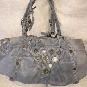 Gray suede shoulder bag.